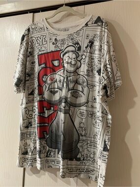 Popeye Comic-Print Short Sleeve Tee in White, Black & Red